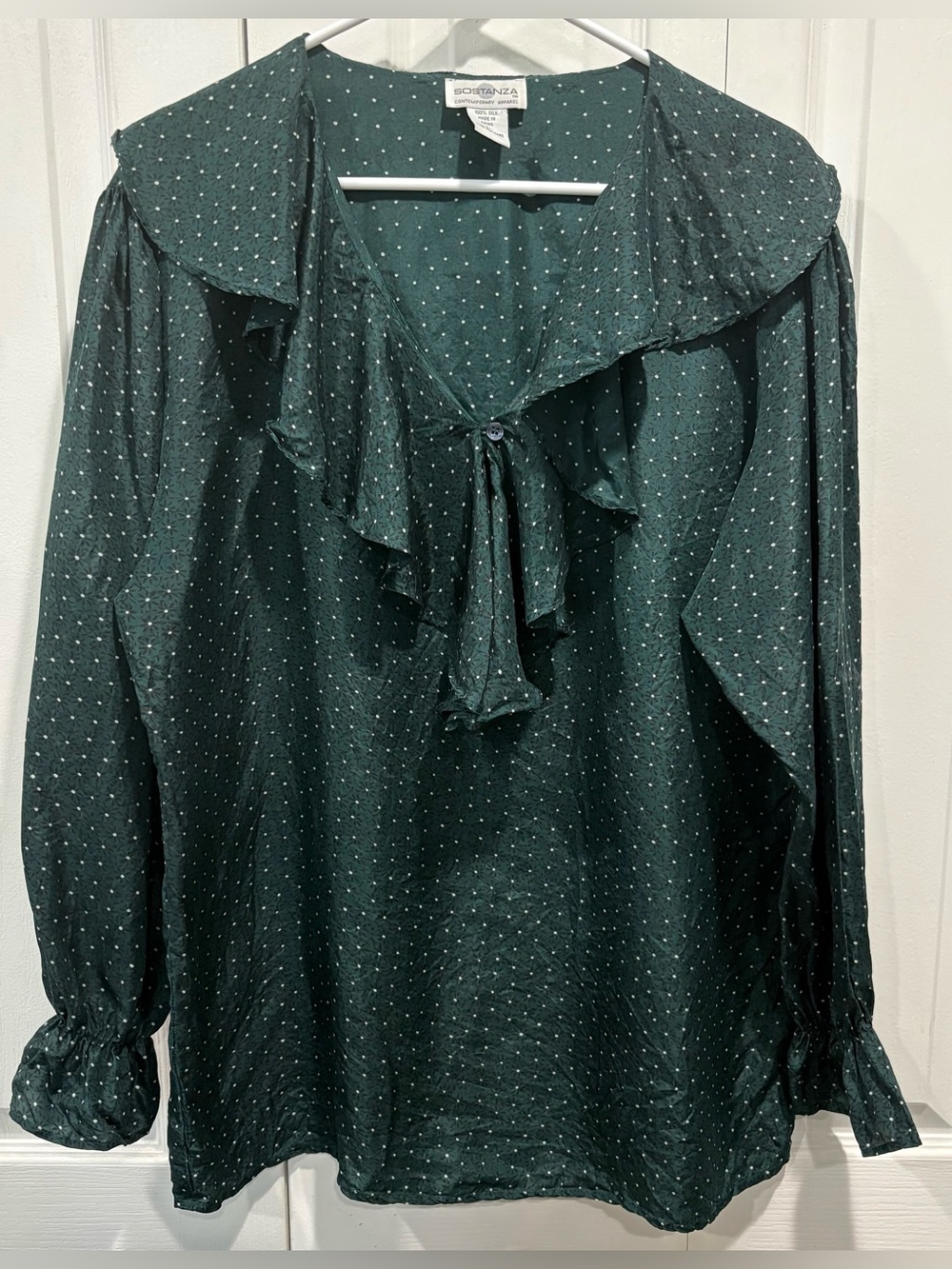 Vintage Sostanza 100% Silk Blouse L Green Ruffle Collar Tie Front